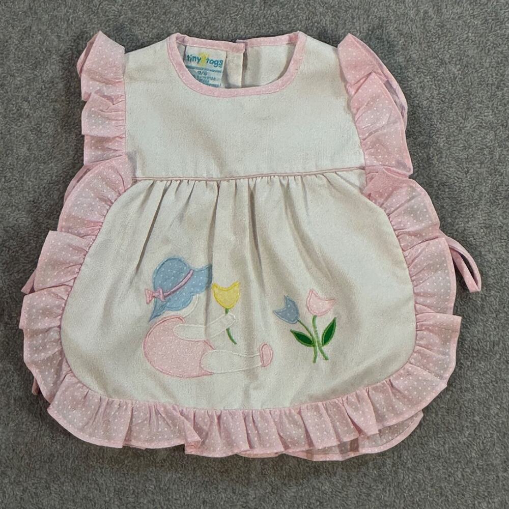 Tiny Togs Vintage Apron Dress Baby Girl 0/6 Months Polk Dot Trim Embroidered
